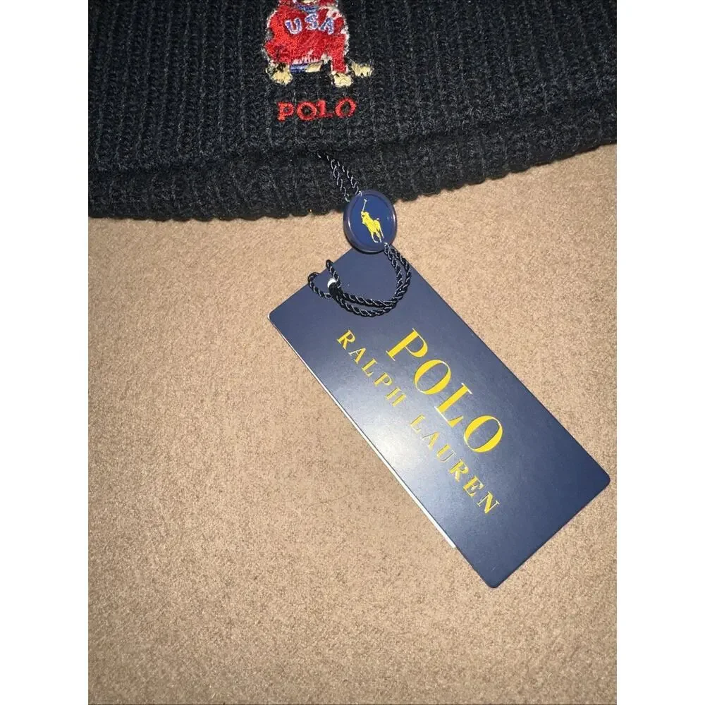 Polo Ralph Lauren Men’s Black Cuffed Beanie Dog With USA Shirt